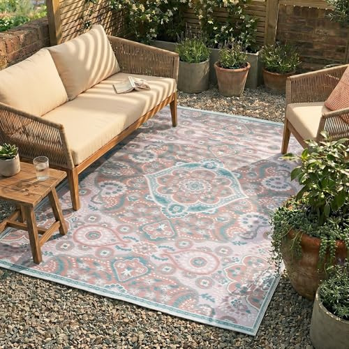 Outdoor Teppich Boho - Vedra Medaillon Rosa - 80x150 cm | Wetterfest - Synthetik, Polypropylen - Garten / Terrasse - Terrasse teppich - Outdoor rug