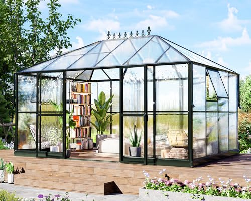Howe 14x9.5x9 FT Polycarbonate Greenhouse with 2 Vents and Double Swing Doors 6FT Added Wall Height, Walk-in Large Sunroom Aluminum Greenhouse for Outdoors, Black