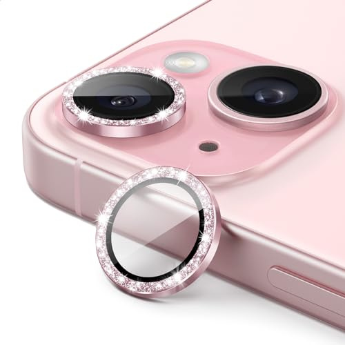 JETech Protection Objectif Caméra pour iPhone 15/15 Plus, Rose, 1 Série | Anneaux Individuels Pailletés, Verre Trempé 9H, Anneau de Protection en Métal, Transparent HD