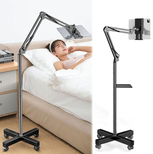 Aisny Tablet Halterung, Tablet Ständer Verstellbar Tabletständer Schwanenhals Tablethalter mit Räder Freie Bewegung für iPad iPhone Samsung Tab Smartphone E-Reader