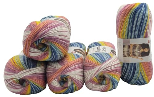 5 x 100 g Ilkadim Export Angora Active Strickwolle mehrfarbig mit Farbverlauf, 500 Gramm Strickgarn mit 20% Wolle, Farbverlaufswolle (flieder weiss gelb ua 858)