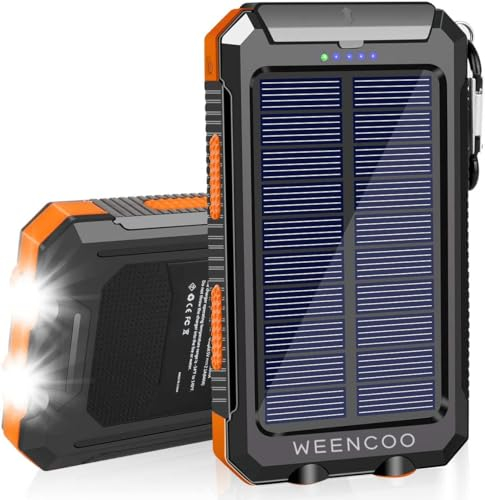 WEENCOO Batteria esterna solare 20000mAh USB caricatore portatile con pannello solare, Splashproof, antipolvere, antiurto Power Bank con 2 torce tascabili, porta di ingresso di tipo C, bussola