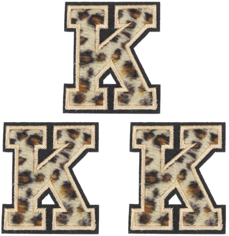 QUARKZMAN 3 Stück Buchstaben zum Aufbügeln, 6 cm Leopard Selbstklebende Chenille Buchstaben K mit schwarzem Rand,Gestickter Patch zum Aufbügeln für Kleidung, Tasche, Laptop, Handyhülle
