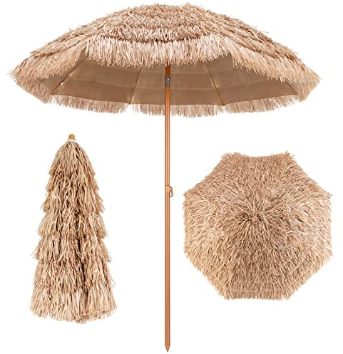 COSTWAY 1.8m/1.9m/2m Garden Hawaii Parasol, Folding Tilting Thatch Tiki Sun Umbrella with 8 Ribs, Tropical Hawaiian Straw Sunshade for Patio Pool Balcony Backyard (196 x 214cm)