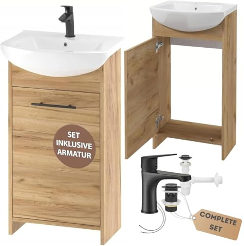 .Deftrans waschbecken mit unterschrank 46,5 x 24,5 x 84 cm -waschtisch mit unterschrank Eiche, gäste wc waschbecken mit unterschrank und Waschtischarmatur 45 cm