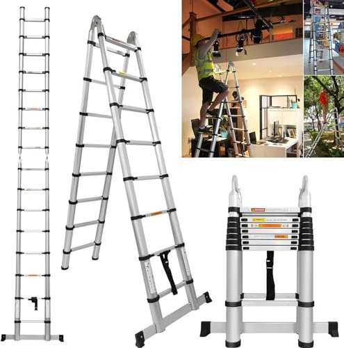 5M Ladders Extendable Multi Purpose A Frame Telescopic Ladder Aluminium Step Ladders Folding Extension Ladder, Portable Collapsible Roof Ladder with Stabilizer Bar, Max Load 330lbs (2.5M+2.5M)