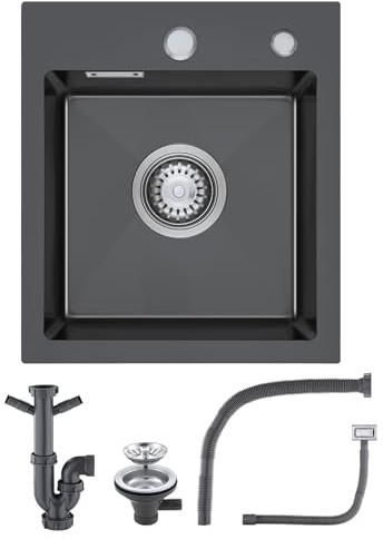 KINKIBOS Spülbecken Klein 304 Edelstahl 40 x 40cm mit Siphon, Grau Schwarz | Einbauspüle mit Überlauf und 2 Löcher, Edelstahlspüle mit Ablaufgarnitur Komplett, 1 Becken für 45 cm Unterschrank
