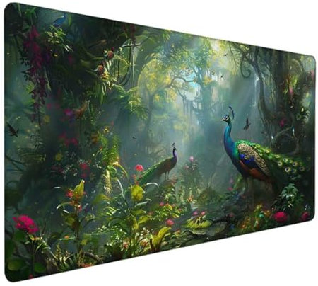 BEIJUYHU Mauspad XXL, Gaming Mauspad 700x300x3 mm, Großes Mauspad mit Genähten Kanten, rutschfeste Desk Mat, Verlängertes großes Mauspad Schreibtischauflage für Büro und Zuhause Wald Pfau 2-5