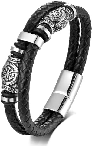 JSNOM Armband Herren Lederarmband Geschenke: Geflochten Leder Wikinger Wickelarmband Weihnachten Vatertag Valentinstag Liebesgeschenke Schmuck für Freund Ehemann Männer (A-Wikinger-19CM)