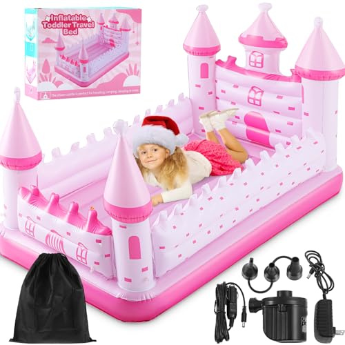 Relaxgiant Pink Castle Inflatable Kids Bed, Toddler Travel Bed with Safety Bumper and Air Mattress Portable Air Mattress with Pump for Kids Vacation Hotel Home Sleepover Birthday Gift