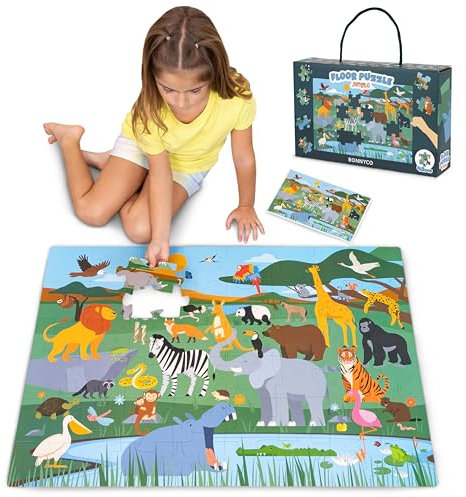 BONNYCO Puzzle Enfant Geant Animaux de la Jungle avec 48 Pièces de Grande Taille. Jigsaw Puzzle XXL 92 x 62 cm pour Cadeau Enfant. Jouet Educatif Garcon et Fille 2-8 Ans