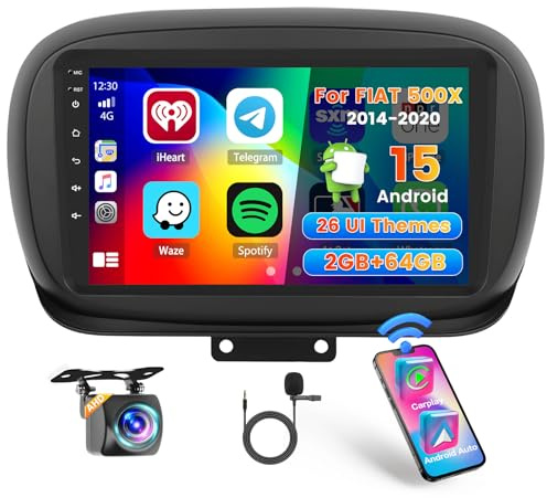 Hikity 2+64G Stereo Auto per FIAT 500X 2014-2020 senza fili Carplay Android Auto Mirror Link, 9 Pollici Android Stereo Radio Bluetooth con GPS WIFI FM/RDS EQ SWC MIC Telecamera Posteriore