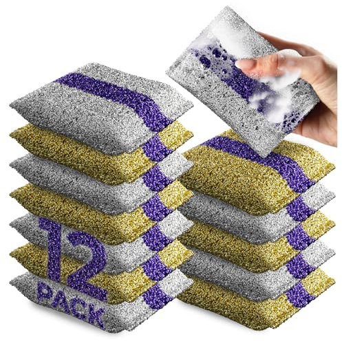 HELOMOR 12 Pack Dish Wash Sponges for Kitchen, Heavy Duty Non Scratch Dish Sponge, Wire Sponges for Cleaning Cookware, Glass, Countertops, Pans, Pots with Special Scrubbing Strip, Scrub Dish Sponges