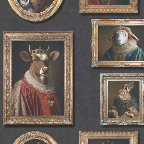 Regal Animals Black Charcoal Wallpaper - Elizabethan Vintage Style Frames - Stylish Trendy Feature Wall