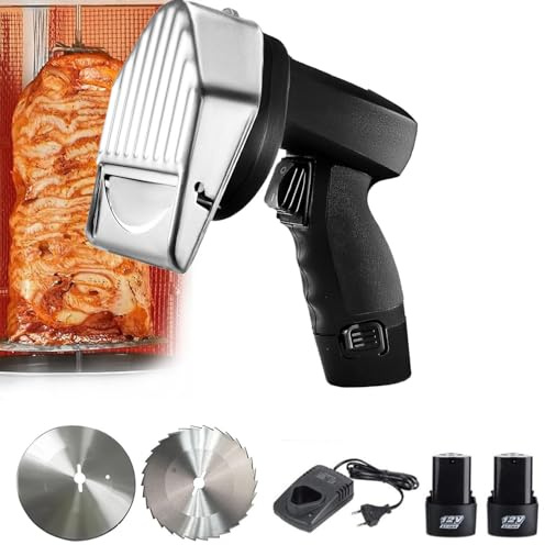 Cuchillo para shawarma inalámbrico Cuchillo Gyros de mano Cortador profesional de kebab turco 3400 RPM con dos cuchillas de 3,93/100 mm Grosor ajustable de 0 a 8 mm,cordless