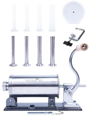 MASTER FENG Horizontal Sausage Stuffer Machine Stainless Steel Sausage Maker Packed with 8 Stuffing Funnels and 1 Silicone Piston 2.5LBS Capacity