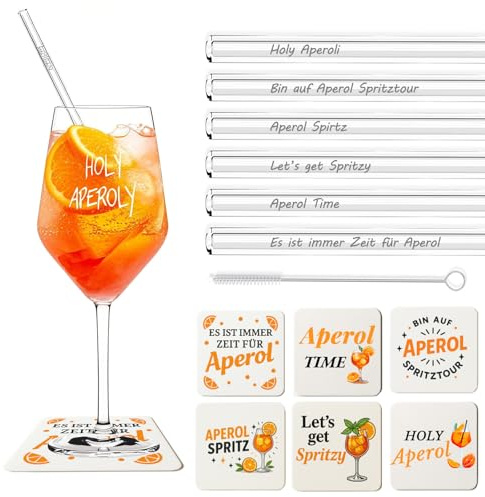 Scinzene Aperol Spritz Geschenkset - 6 Glasstrohhalme mit 6 Untersetzern und Reinigungsbürste, Perfektes Cocktail Zubehör und Deko für Partys, glas 20 cm Length