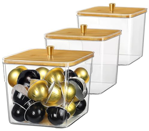 Heyuzb 3 Pack Acrylic Coffee Pods Organizer Containers Clear Storage Bins with Bamboo Lid, Large Capacity Plastic Jars 125 OZ with Lids for K-Cups Pods, Laundry Pods, Dishwash Pods, Candy