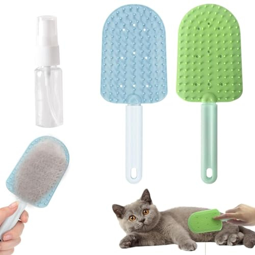 2 Stück Katzenzungenbürste mit einer Sprühflasche, Weiche Katzenbürste, Waschbarer Silikon-Katzenzungenkamm, Multifunktionale Katzenpflegebürste, Entfernt leicht Fell, Katzenkamm für Haustiere, Löse H