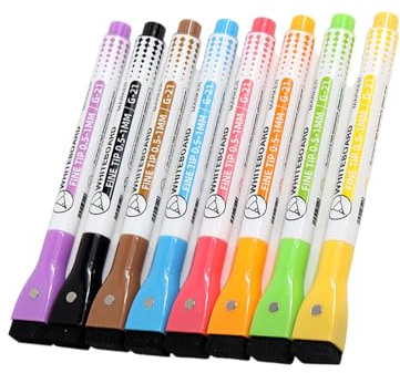 PLCPDM Bunte Marker mit Radiergummi für Whiteboard, Kreidetafel, 0,5 mm feine Spitze, 8 Farben, löschbarer Whiteboard-Marker, 8 Stück