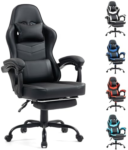 Gaming Chair with Footrest for Adults - Ergonomic Gaming Chairs with Foot Rest - Big and Tall Computer Game Chair - PU Leather Reclining Video Game Chairs with Spring Cushion - Black
