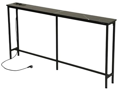 GOKHOMX Table Console de 160 cm avec 2 Prises et 2 Ports USB, Console Meuble d'entrée étroite 20 cm de Largeur Table Derrière Le Canapé pour Salon Entrée Couloir Hall, Aspect Faux Marbre, Noir