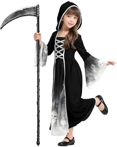 KOOOGEAR Costume d'Halloween Faucheuse Fille – Costume de Faucheuse pour Enfant avec Faucille, Costume d'Halloween Fille Effrayant, Ensemble de Cosplay Faucheuse d'Halloween (XL)