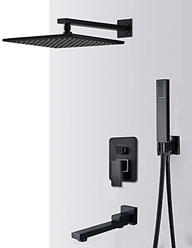 Aioneer Ensemble De Robinets De Douche Encastrés Noirs, Pommeau De Douche À Effet Pluie en Laiton De 12 Pouces, Mitigeur À Poignée Unique, Douche De Salle De Bain, 3 Voies, Pivot