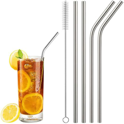 4Pcs Stainless Steel Straws - Reusable Drinking Straws with Cleaning Brush for Party Summer Smoothie, Milkshake, Water, Juice, Cocktail and Hot Drinks (Curved+Straight+Brush)