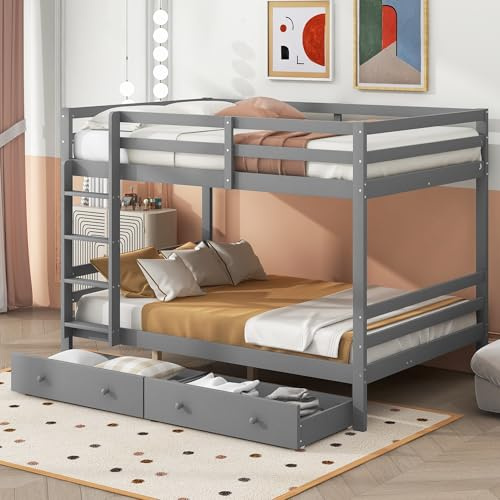 EINHOM Kinderbett 140 x 200 cm, Etagenbett mit Treppe, Stauraumbett mit Staufächern Treppe, Geeignet für Teenager, Rausfallschutz Geländer, Grau (Ohne Matratze)