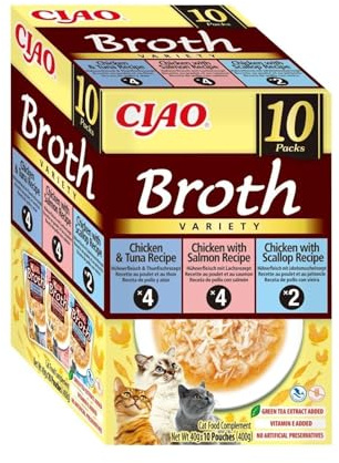 INABA Ciao Broth kattgodis med högkvalitativa ingredienser, rik på fukt och protein, lågt kaloriinnehåll, utan spannmål eller socker 40 g (paket med 10)