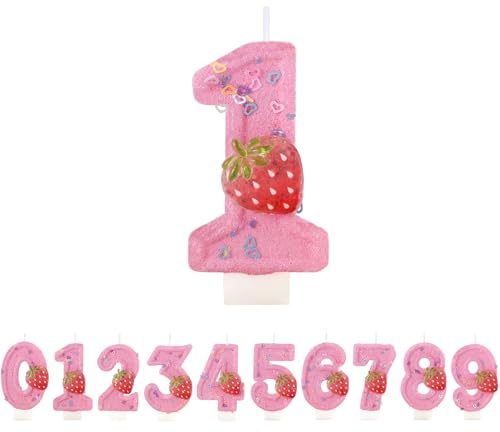 Gleemix Rosa Kerze 1. Geburtstag, Niedliche Erdbeer Geburtstagskerzen, Pink Erdbeer Kuchendeko 1. Geburtstagdeko, Kinder Geburtstagskerzen Zahlen, Rosa Kerzen Birthday Candle