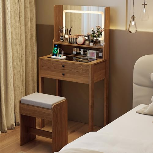 COSTWAY Coiffeuse avec Miroir et Tabouret, Bureau Coiffeuse Moderne, Lumière et Luminosité Réglable, Station de Recharge, Étagère Ouverte, 2 Tiroirs, Table de Maquillage, 64 x 40 x 132 cm (Naturel)
