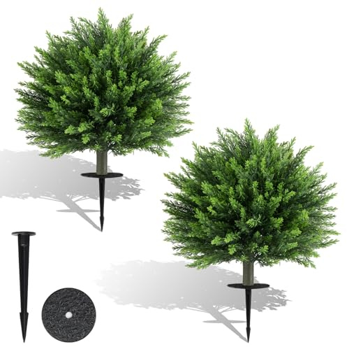COSTWAY Set of 2 Artificial Topiary Ball Trees, Faux Shrub Bushes with Ground Spikes, Indoor Outdoor Sun-proof Fake Floral Greenery Topiary Plants for Porch, Garden, Yard (57cm, Cypress Tree)