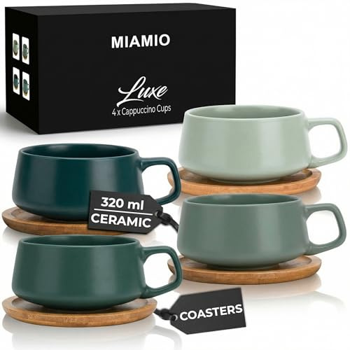 MIAMIO - 4 x 320 ml tazas de café/juego de taza y platillo/elegantes y modernas tazas de café en cerámica gres – Juego de 4 pzas de colección de lujo - Luxe Collection (Evergreen)