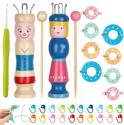 Hutglcfpy 2 Stück Strickliesel Set, Handkurbel-Strickset mit Pompon-Machern | Holz, Häkelnadel und Maschenmarkierern, Stricken für Anfänger Set, Ideal zum Stricken mit Wolle und DIY-Handarbeiten