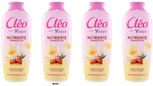 Cleo Bagnodoccia - 4 gel doccia con camelia e argan, pulizia del corpo per una pelle morbida, liscia e vellutata, 750 ml, + portachiavi Italy Shop Service incluso