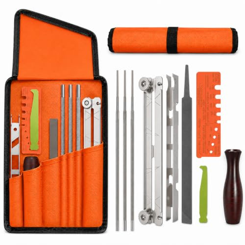 Professional 10-Piece Chainsaw Sharpening Kit (afilador de motosierra) – 5/32”,3/16”,7/32” round files, file guide jig, depth gauge & portable pouch for accurate saw chain sharpening