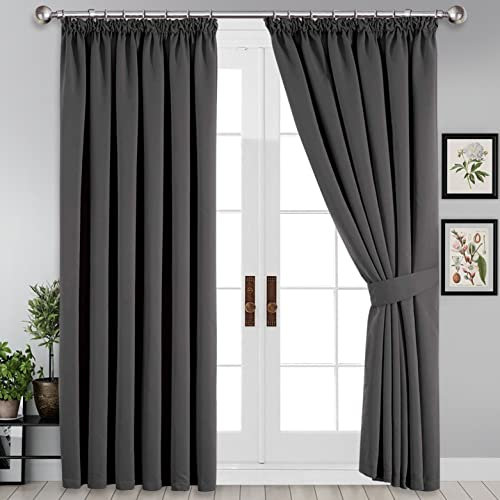 Yorkshire Bedding Thermal Blackout Curtain 66 x 72 Pencil Pleat Noise Reducing Tape Top Insulated, Sunlight Blocker, Dark and Plain Grey Curtains for Bedroom Decor + 2 Tie Backs (167 x 183 cm)