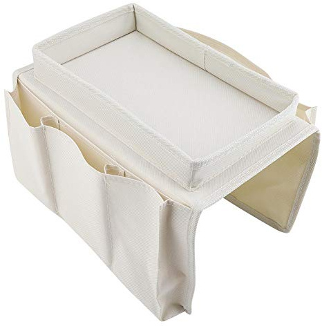 Wifehelper Divano Sedia Bracciolo Caddy Organizer Appeso TV Telecomando Porta riviste Supporto Organizzatore Divano Borsa con Vassoio Portabicchieri(Beige)