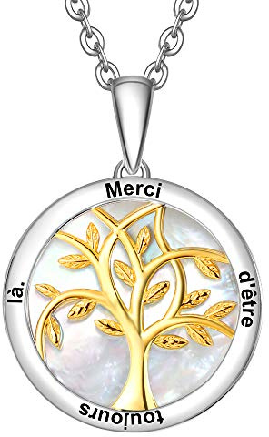 ENGSWA Collier Femme Argent 925 avec Gravure Pendentif Arbre de Vie Famille Cercle et Nacre Cadeau Amoureux Maman Grand-Mère Fille