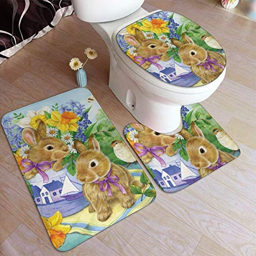 RedBeans Anti-Rutsch-Badteppich-Set, 3-teilig, Flanell-Badezimmerteppich, Frühling Ostern, Narzissenblüte, weicher WC-Vorleger