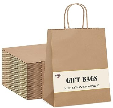Switory 50 Stück Papiertüten Geschenktüten Braune, Kraft Papiertüte mit Henkel zum Party, Geburtstag, Basteln, Einzelhandel(13,3 x 9,5 x 20,3 cm)