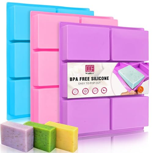 Walfos Silicone Soap Molds Set of 3, 6 Cavities Rectangle Silicone Soap Molds for Homemade Craft Soap, Cake Mold, Chocolate Mold ＆ Ice Cube Tray（Blue & Purple ＆ Pink）