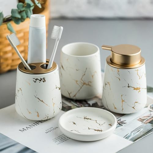4-teiliges Badezimmer-Zubehör-Set aus Keramik und Marmor, Badezimmer-Zubehör, inklusive Seifenschale, Seifenspender, Pumpe, Becher, Zahnbürstenhalter (matt weiß (4 Stück)