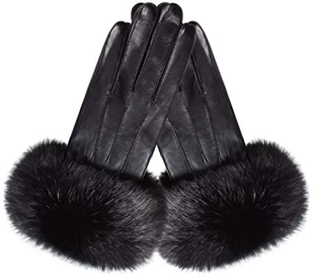 Pexuya Damen Winter Touchscreen Schaffell LederHandschuhe mit Kaninchenfell S77 (Schwarz, S)