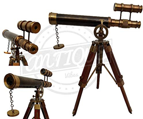 Antique Vibes Sailor - Telescopio vintage de latón con trípode de madera, ideal como regalo para aniversario, cumpleaños, Navidad, Día del Padre