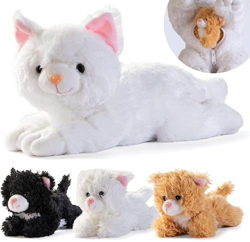 Plüsch-Katzenspielzeug mit Reißverschlussbeutel und 3 kleinen Plüsch-Baby-Kätzchen, Plushlings-Kollektion, weiches Stofftier-Spielset, tolles Geschenk-Set für Jungen und Mädchen, Gastgeschenke