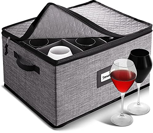 Wine Glass Storage Box with Dividers, Quilted and Stackable Stemware Storage Cases, Service of 12 Glassware Storage Containers, China Storage Containers Hard Shell for Moving and Seasonal Storage