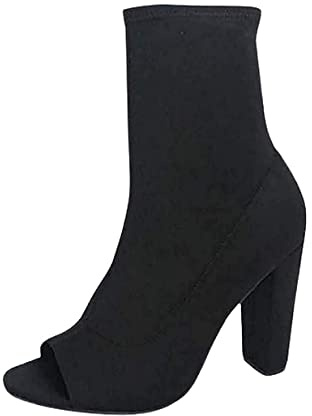 Women Elastic Peep Toe Block Heel Ankle Height Bootie Black Ly 11